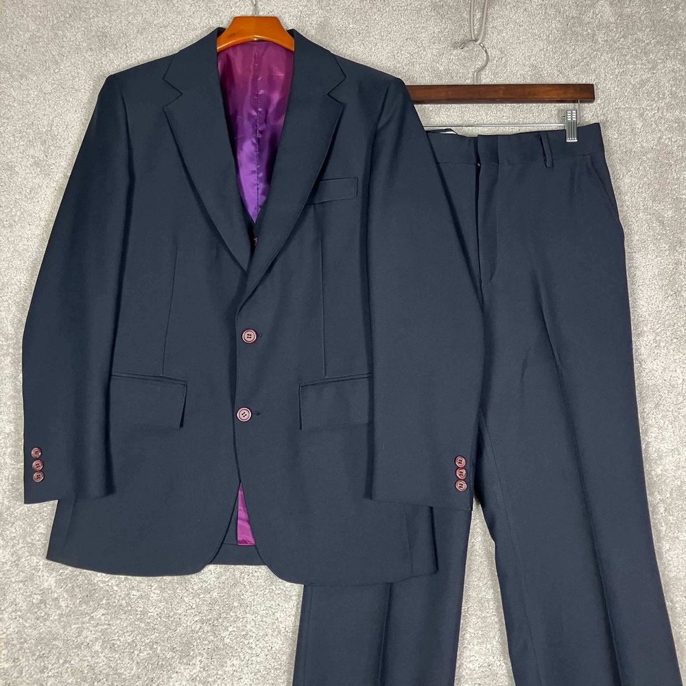 Vintage JCPenney 3-Piece Disco Flare Suit Blazer Vest Men 38 W32 Blue Polyester